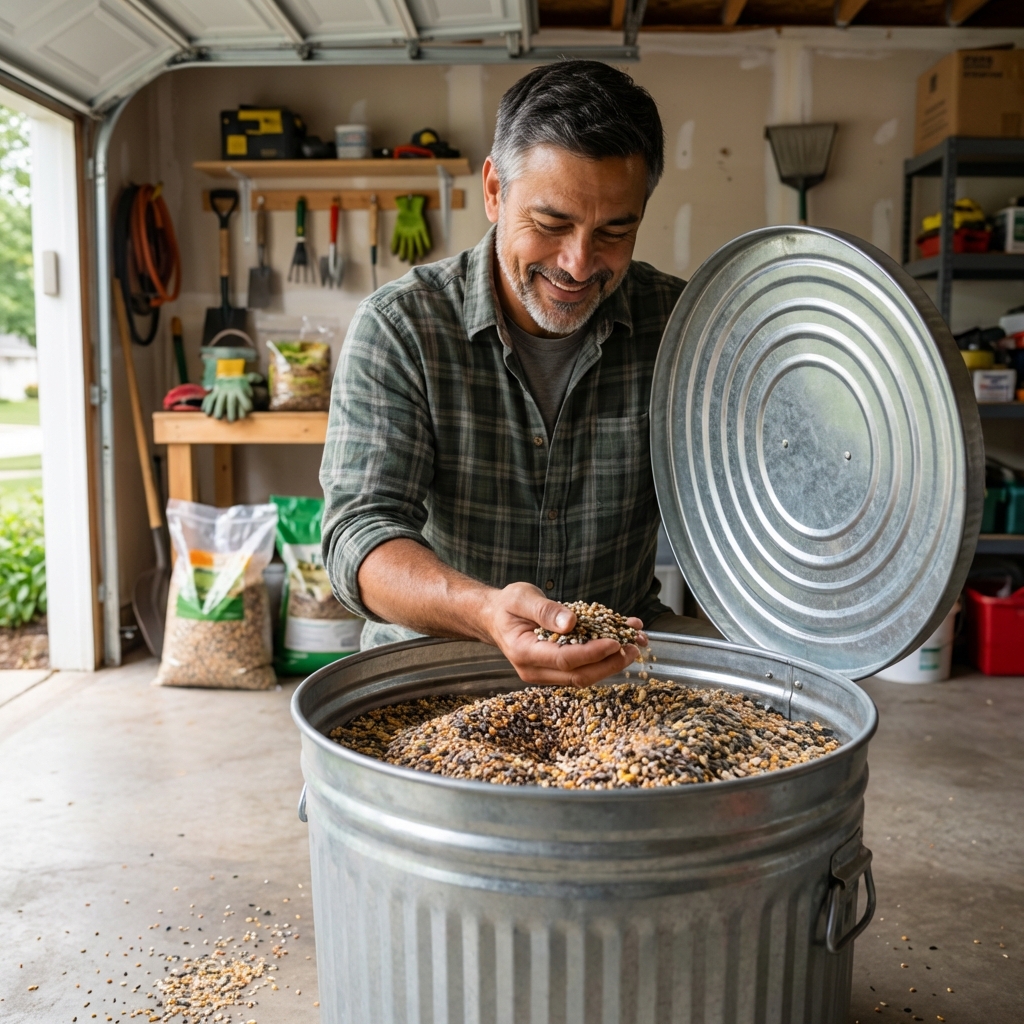 A real photo of a metal trash can with a tight-fitting lid being used to store bird seed in a garage