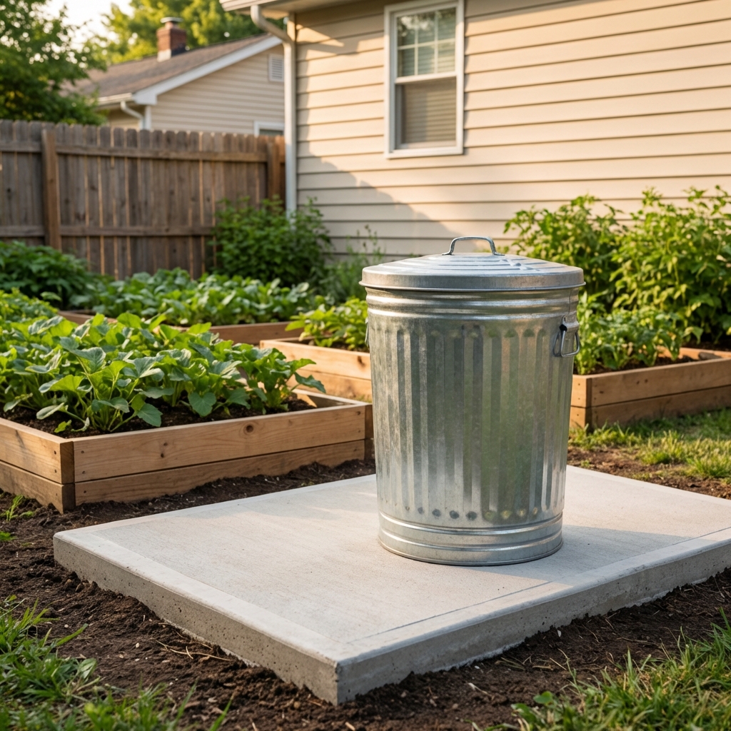 A real photo of a metal trash can with a tight lid placed away from a house on a clean concrete pad