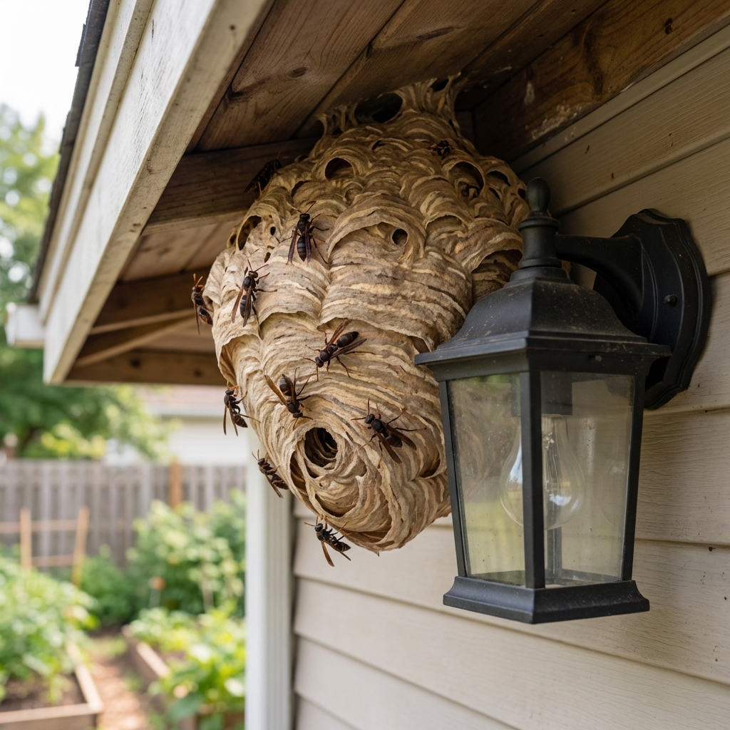 A real photo of a paper wasp nest under a house eave near a porch light in daylight