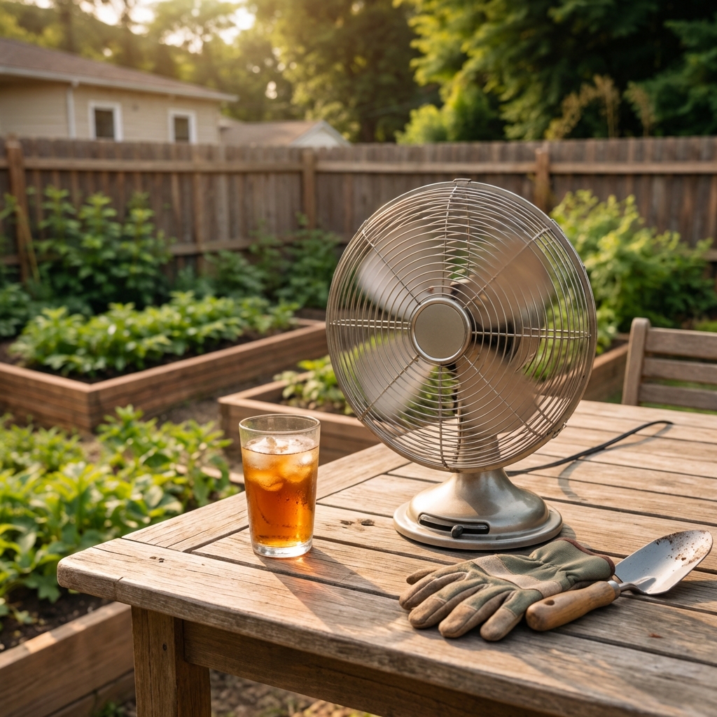A real photo of a patio table with a small fan running beside it on a sunny day