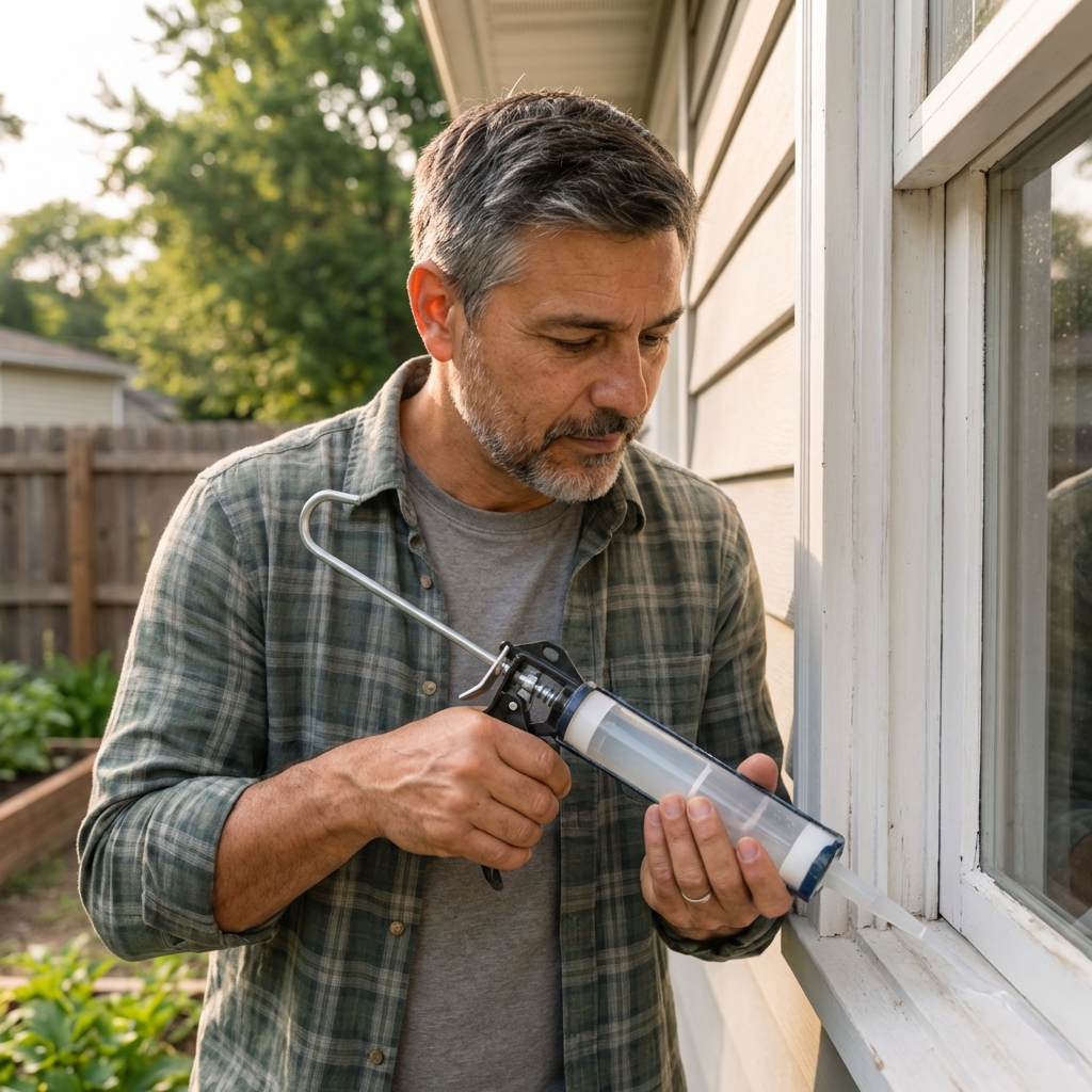 A real photo of a person applying clear caulk along the edge of an exterior window frame on a house