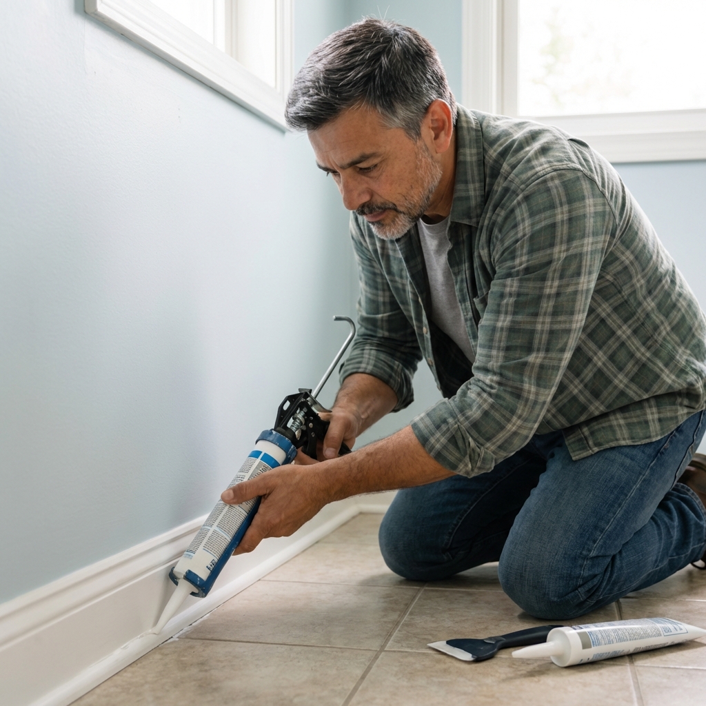 A real photo of a person applying white caulk along a baseboard in a bathroom