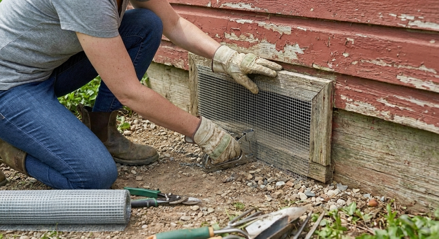 A real photo of a person attaching hardware cloth over a foundation vent on a house
