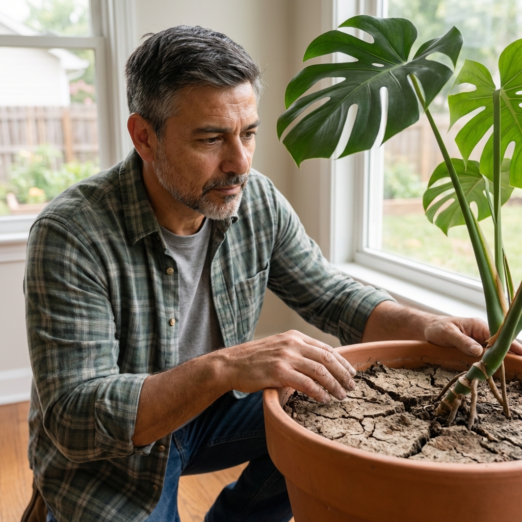 A real photo of a person checking dry soil on a potted houseplant by touching the top layer near a window