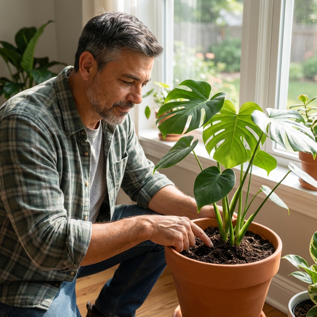 A real photo of a person checking soil moisture with a finger in a houseplant pot near a bright window