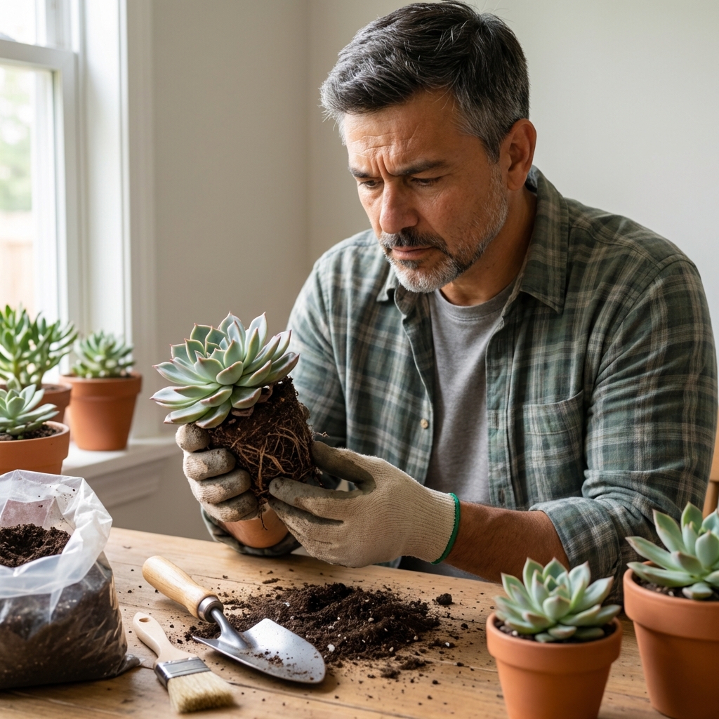 A real photo of a person holding a succulent with its roots exposed over a tabletop while inspecting for rot