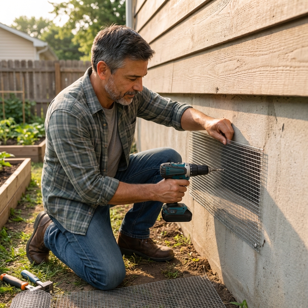 A real photo of a person installing metal mesh over a foundation vent on a house exterior
