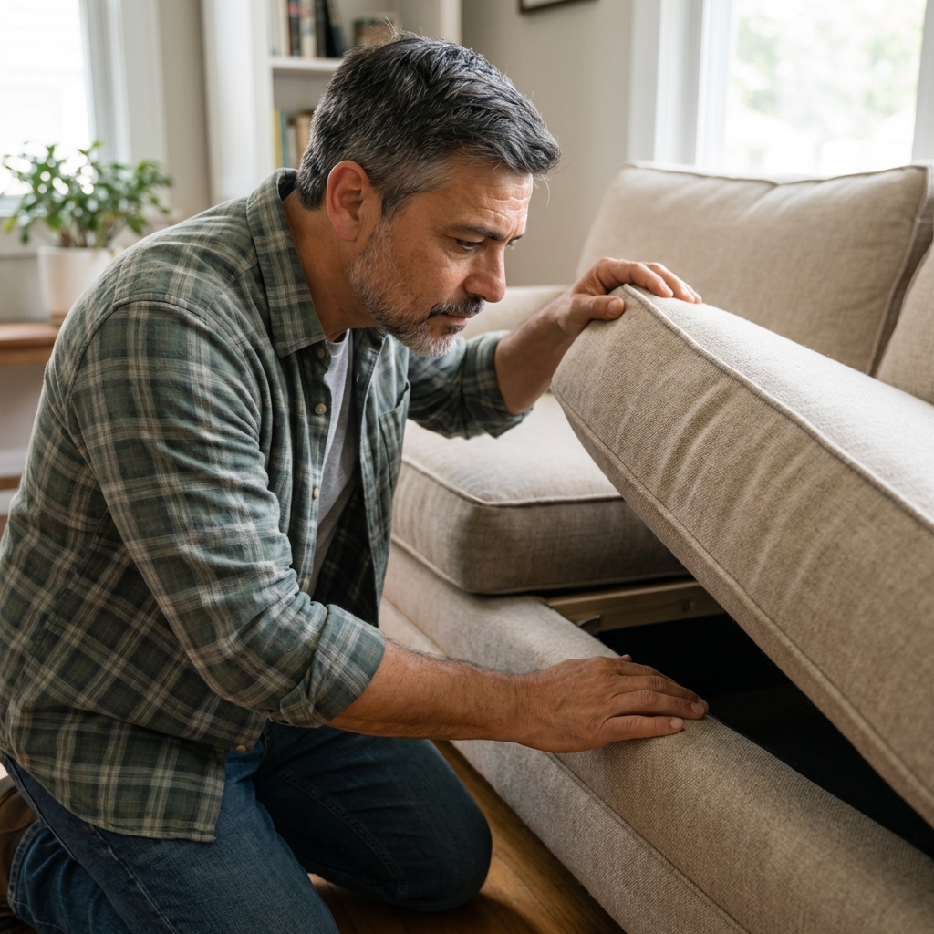 A real photo of a person lifting a couch cushion to inspect the seam underneath