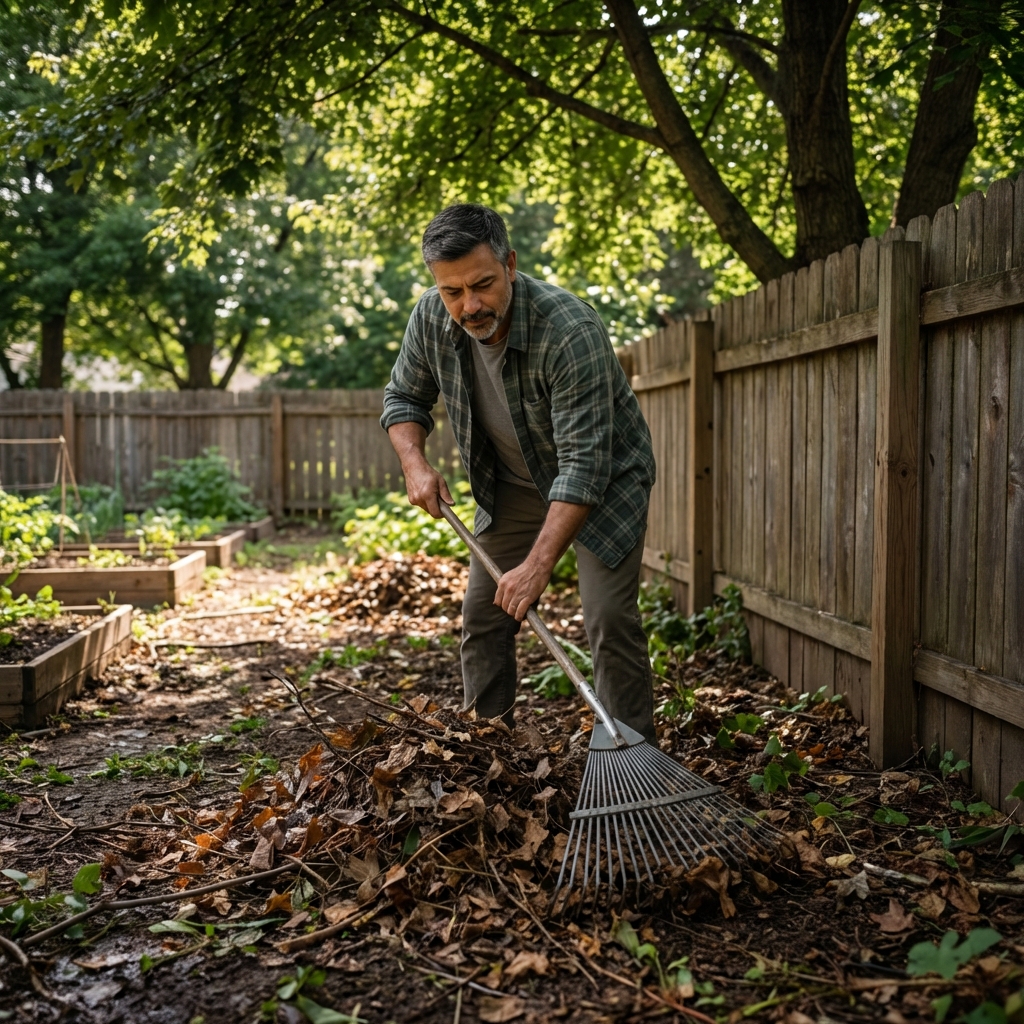 A real photo of a person raking leaf litter from a shaded area beside a wooden fence