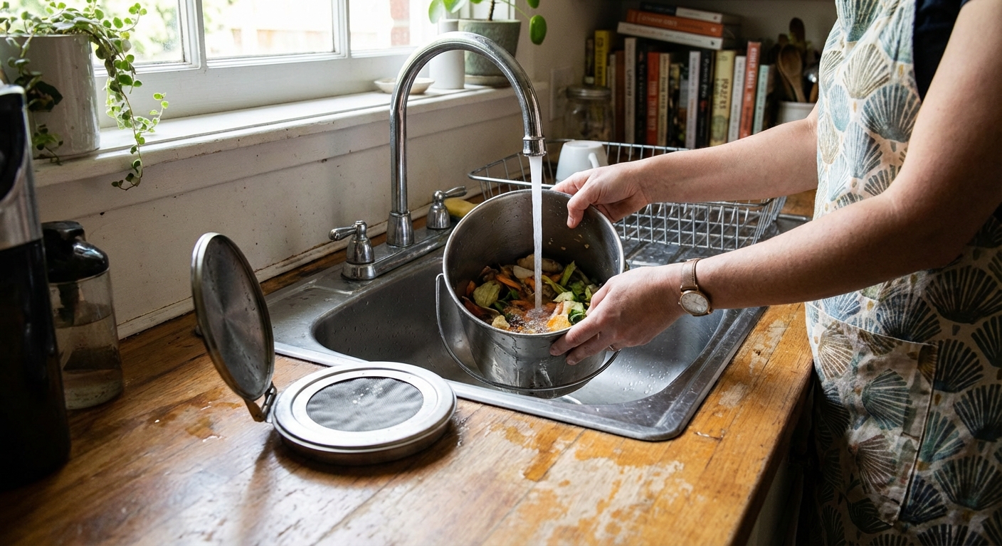 A real photo of a person rinsing a kitchen compost pail at a sink with the lid nearby