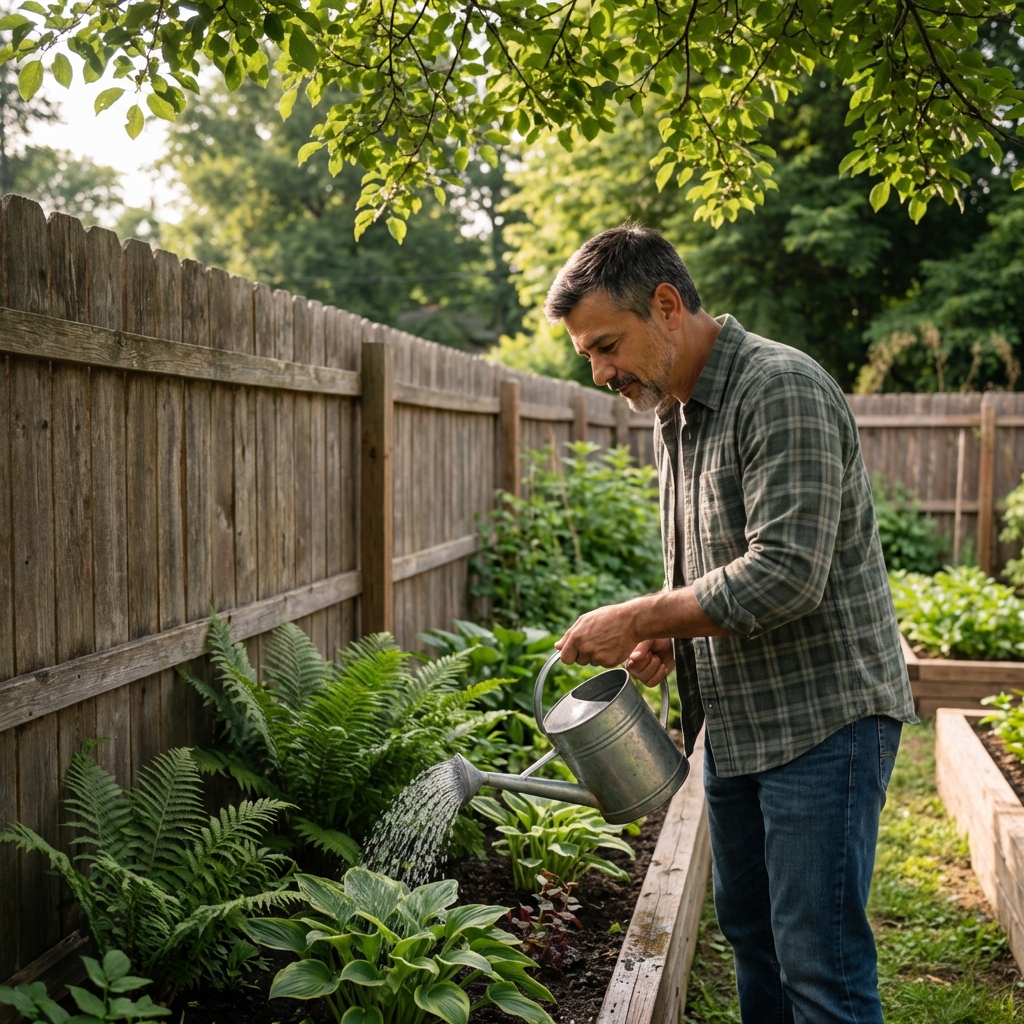 A real photo of a person watering a shaded garden bed along a wooden fence in a backyard
