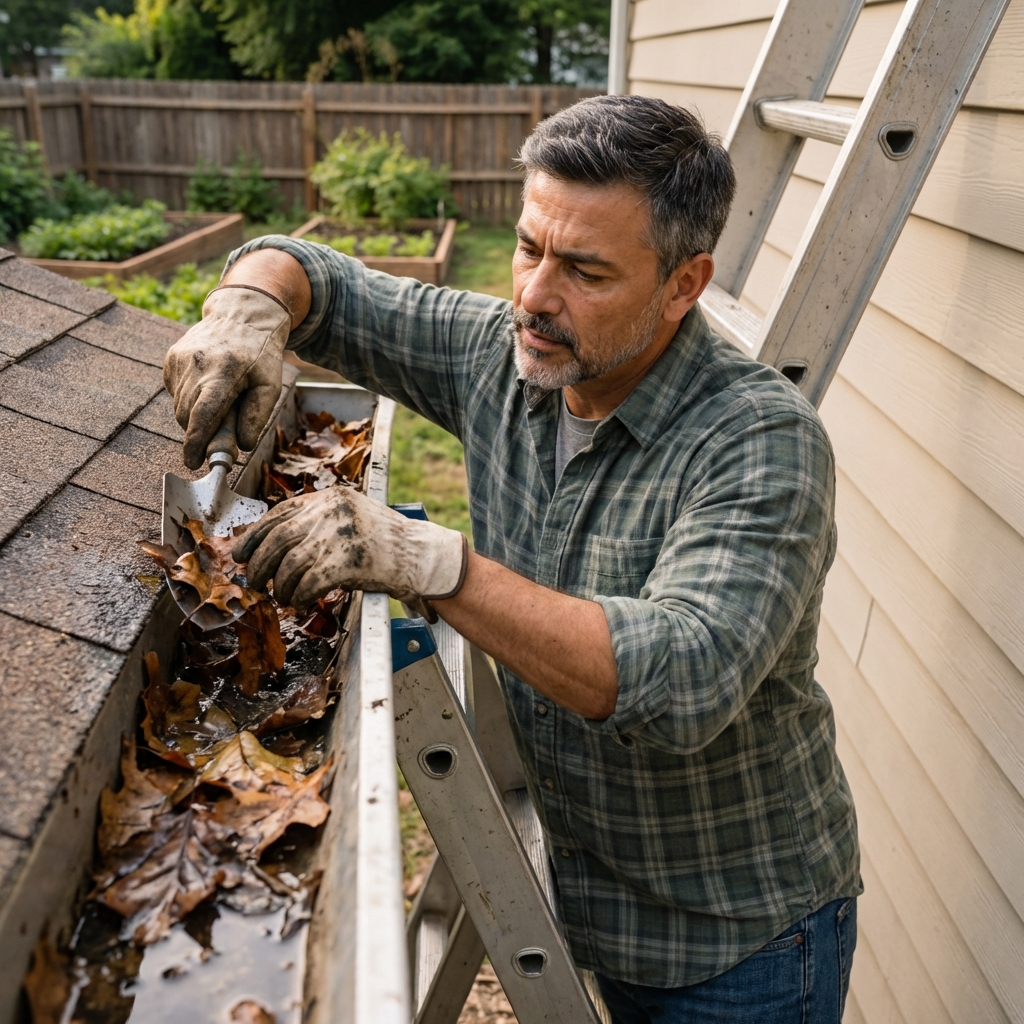A real photo of a person wearing gloves cleaning wet leaves from a gutter on a ladder outside a house