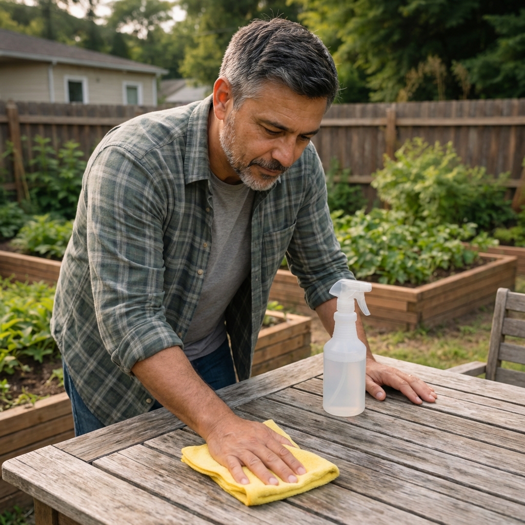 A real photo of a person wiping an outdoor patio table with a cloth beside a spray bottle