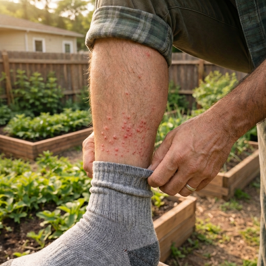 A real photo of a person’s ankle showing clustered small red bumps concentrated just above the sock line
