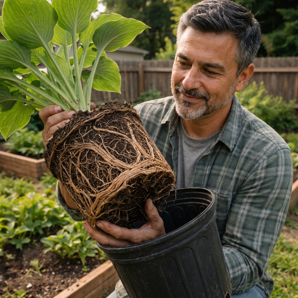 A real photo of a plant pulled from a pot showing roots circling tightly around the root ball