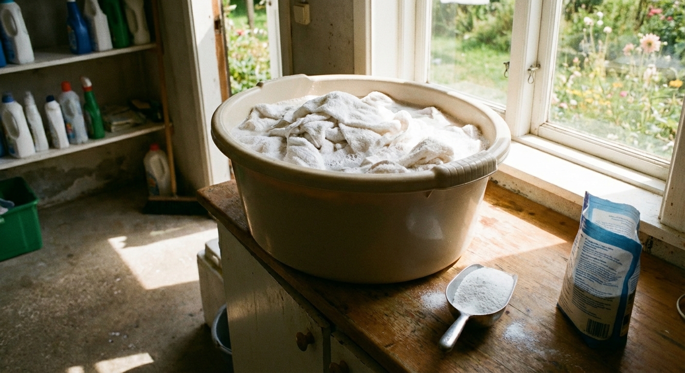 A real photo of a plastic laundry tub filled with soaking towels in a utility room with a scoop of oxygen bleach nearby