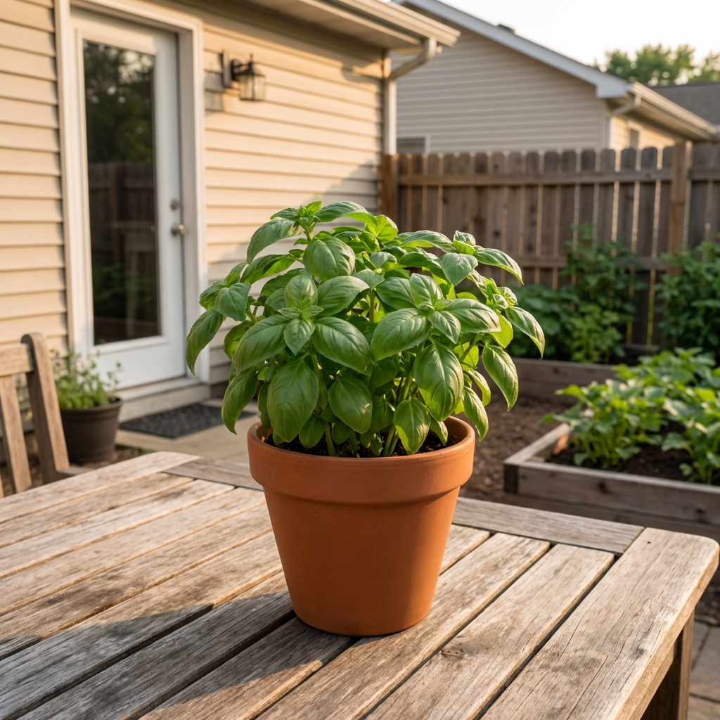 A real photo of a potted basil plant on an outdoor patio table near a back door