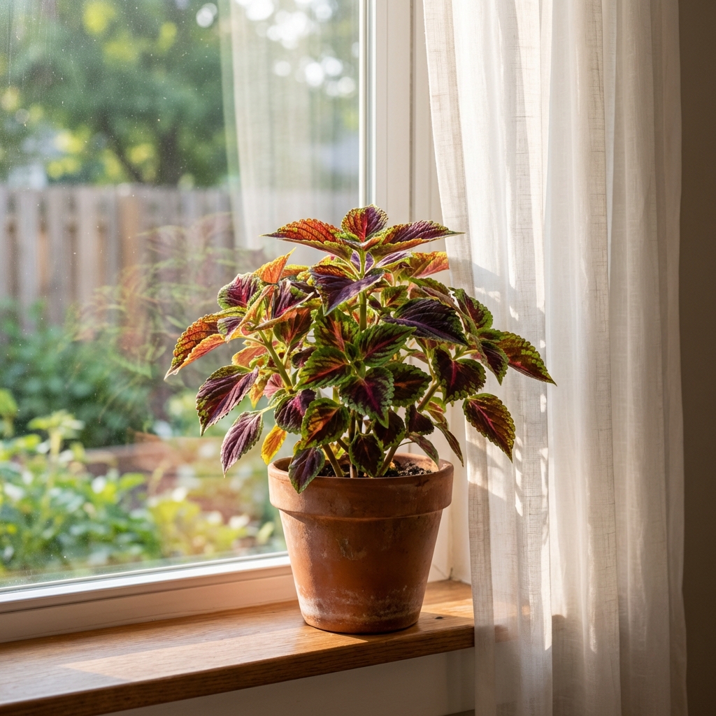A real photo of a potted coleus plant near an east-facing window with a sheer curtain