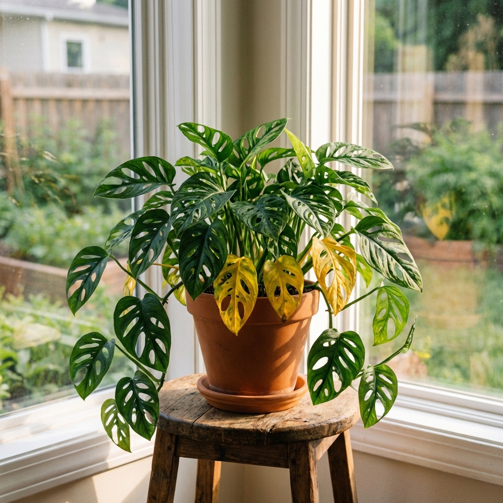 A real photo of a potted houseplant near a bright window with a few yellow leaves visible among healthy green leaves