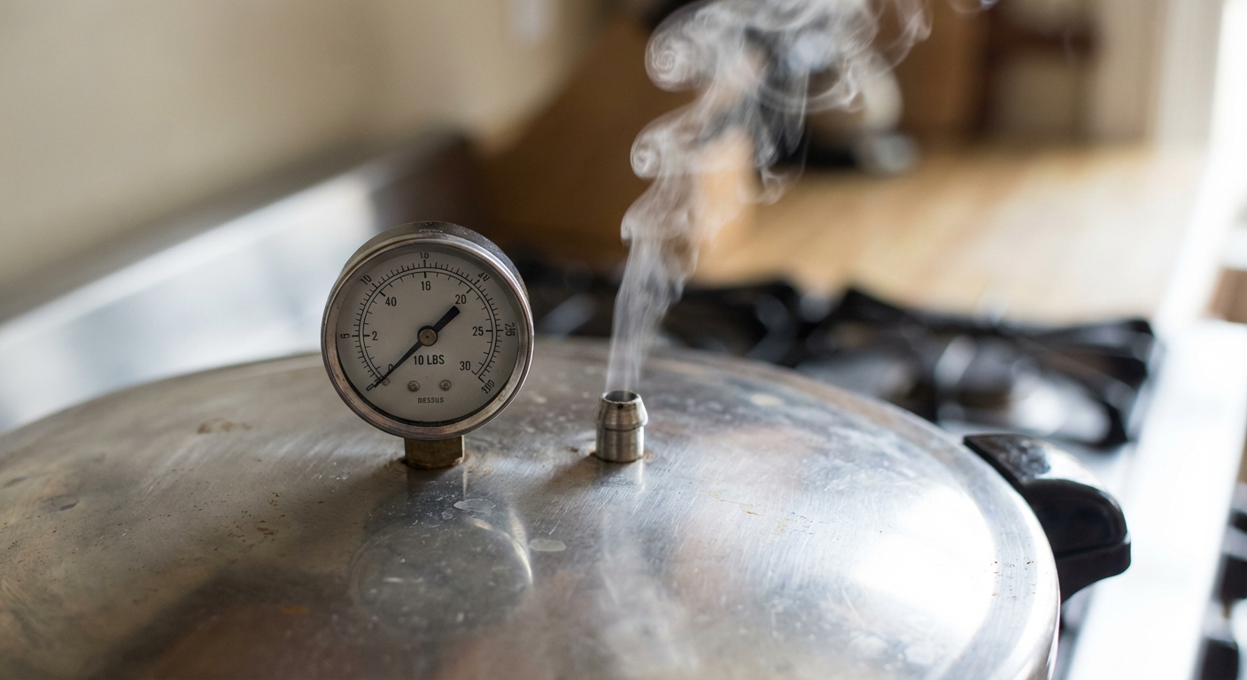 A real photo of a pressure canner lid with a pressure gauge and a steady wisp of steam near the vent
