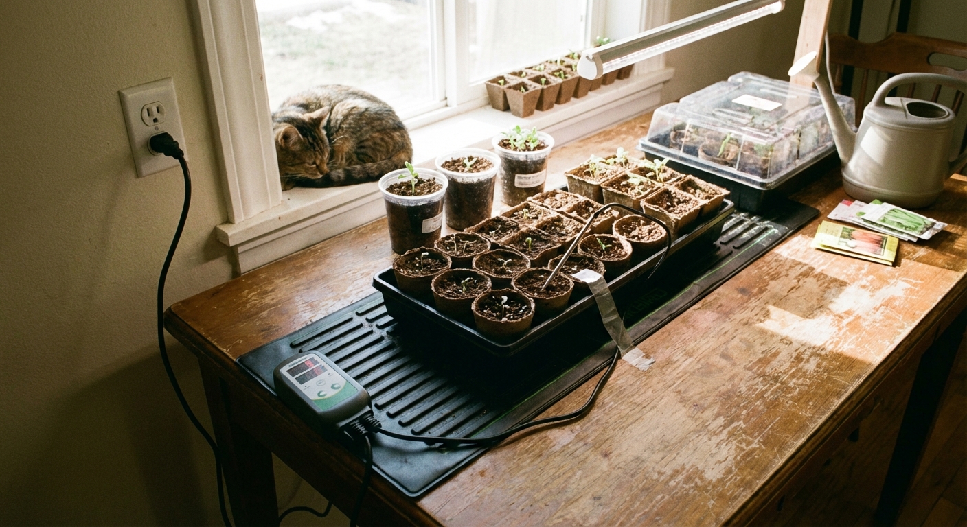 A real photo of a seedling heat mat on a table with a plug-in thermostat probe taped to a seed tray, indoor seed starting setup with small pots on top