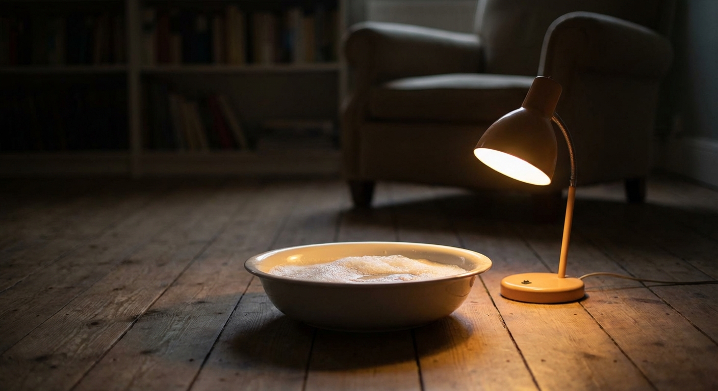 A real photo of a shallow white bowl of soapy water on a floor next to a small lamp in a dim room