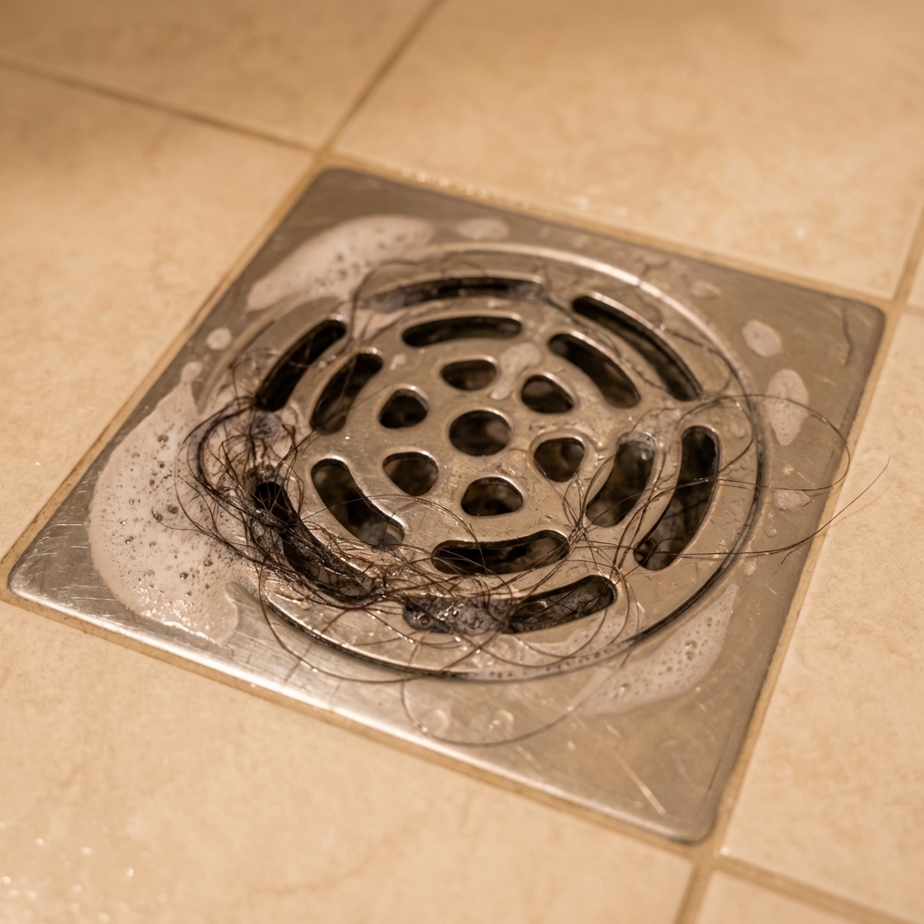A real photo of a shower drain with visible hair and soap scum around the grate