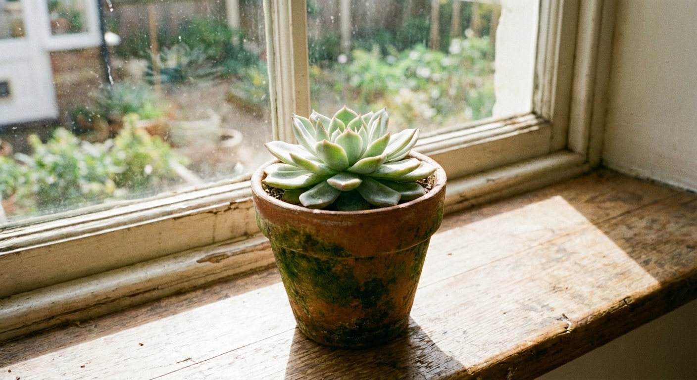 A real photo of a single echeveria rosette growing compact and evenly in a clay pot near a bright window