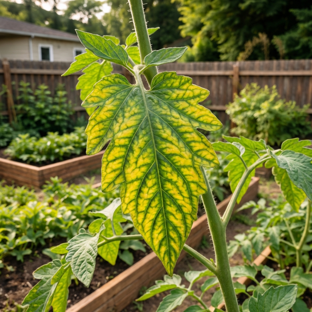 A real photo of a single yellowing leaf still attached to a green plant, showing yellowing between the veins