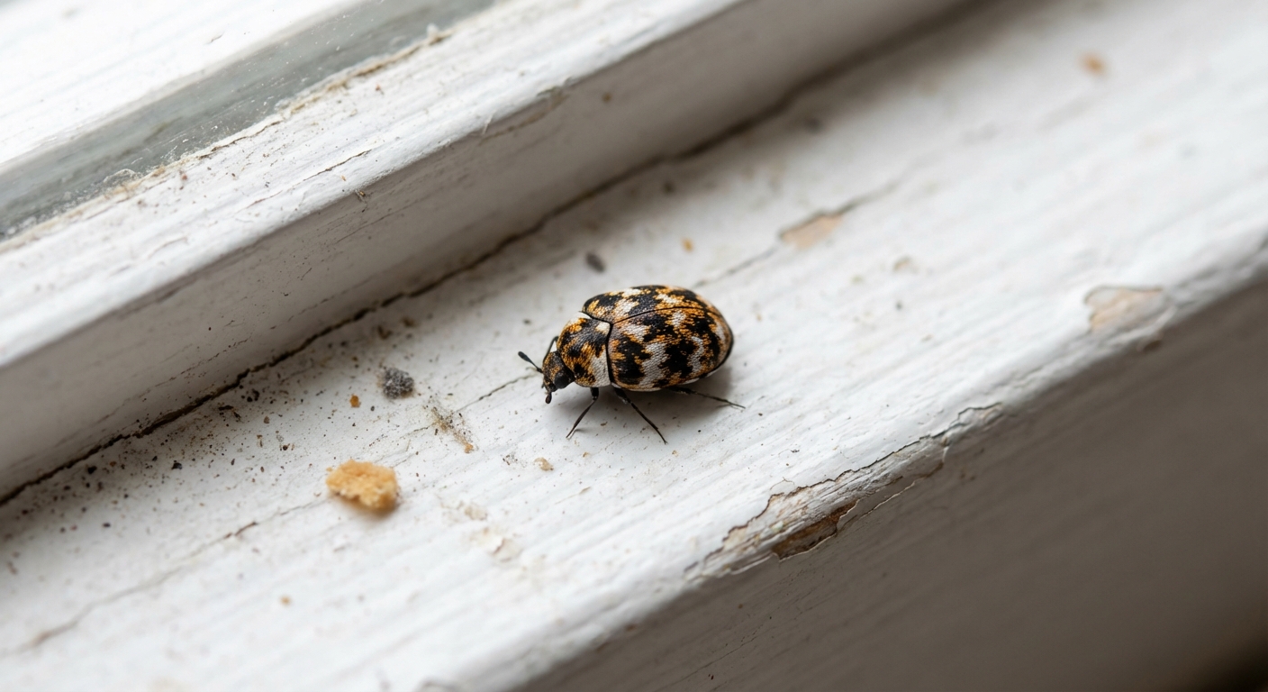 A real photo of a small adult carpet beetle on a white windowsill in daylight