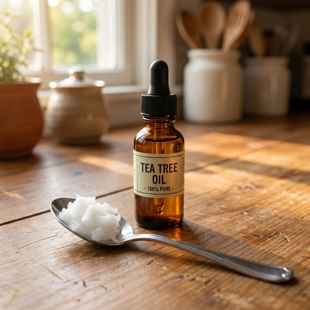 A real photo of a small amber glass bottle of tea tree oil next to a spoonful of coconut oil on a countertop