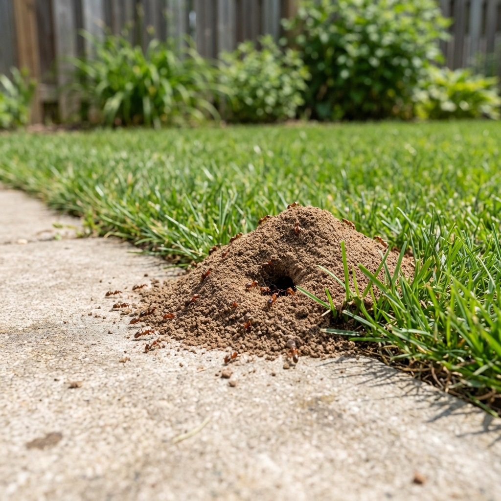 A real photo of a small ant mound in a lawn near a concrete walkway in daylight