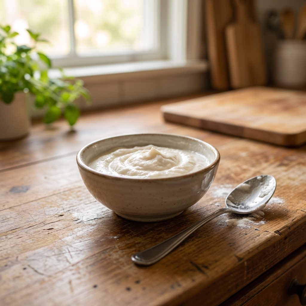 A real photo of a small bowl of baking soda paste on a kitchen counter with a spoon beside it