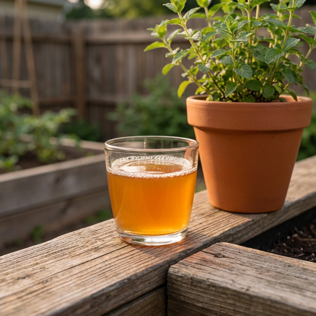 A real photo of a small clear cup beside a houseplant pot, containing apple cider vinegar with a thin layer of bubbles on top