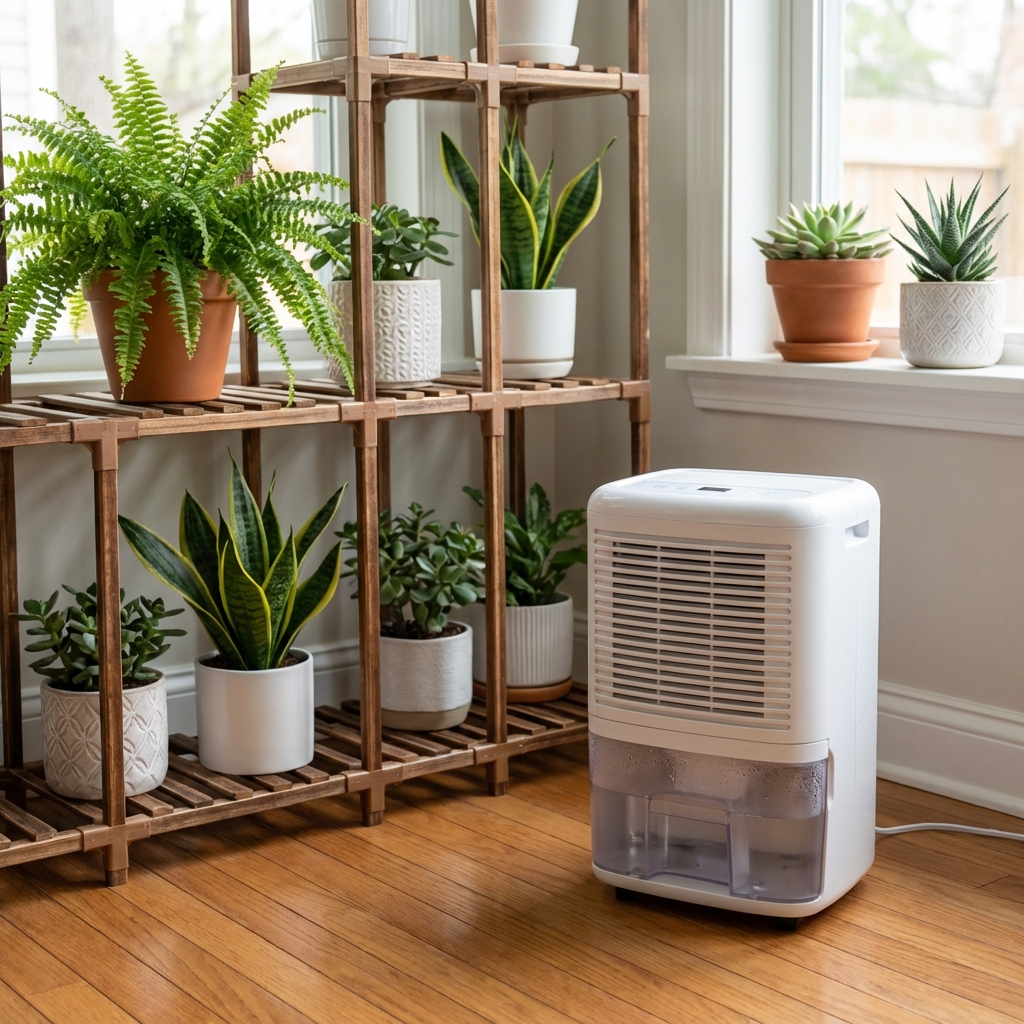 A real photo of a small dehumidifier running on the floor near an indoor plant shelf