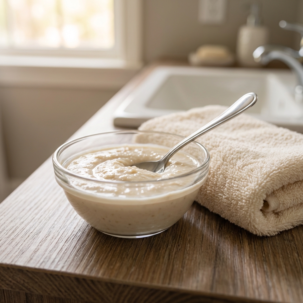 A real photo of a small glass bowl of colloidal oatmeal paste on a bathroom counter next to a spoon and a clean washcloth