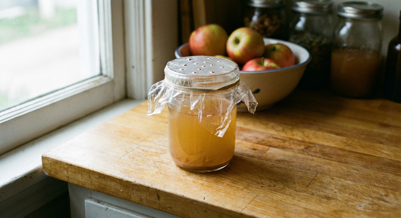 A real photo of a small glass jar on a kitchen counter with apple cider vinegar inside and plastic wrap stretched over the top with small holes