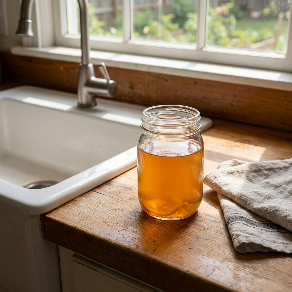 A real photo of a small glass jar with apple cider vinegar on a kitchen counter near a sink