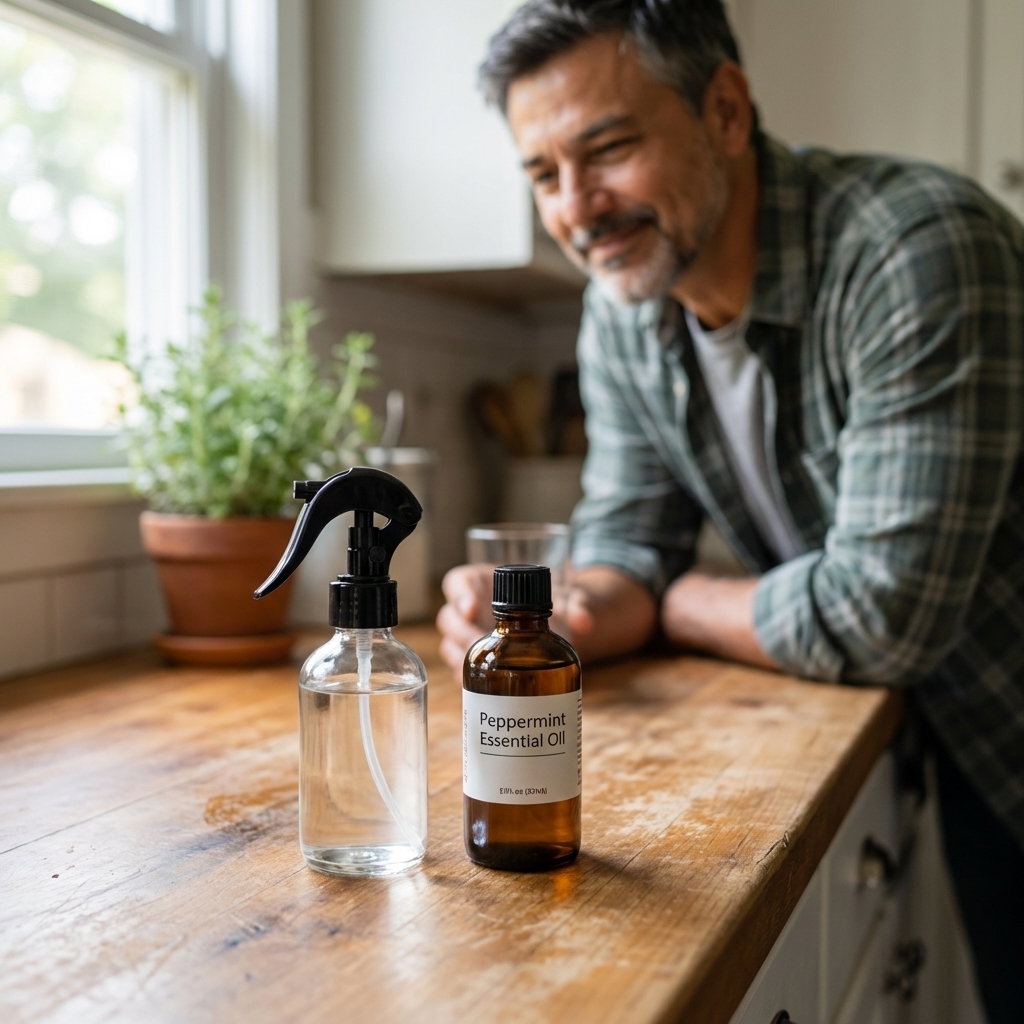 A real photo of a small glass spray bottle on a kitchen counter next to a bottle of peppermint essential oil