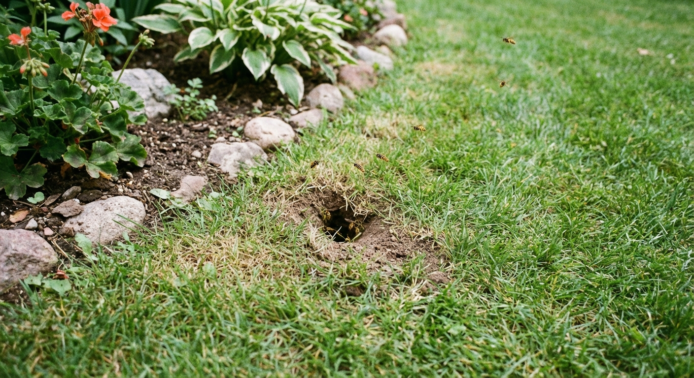 A real photo of a small hole in a lawn near a garden edge with a few yellow jackets flying nearby