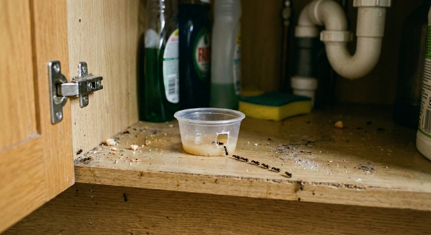A real photo of a small homemade ant bait station made from a plastic container with a tiny entrance placed under a kitchen sink