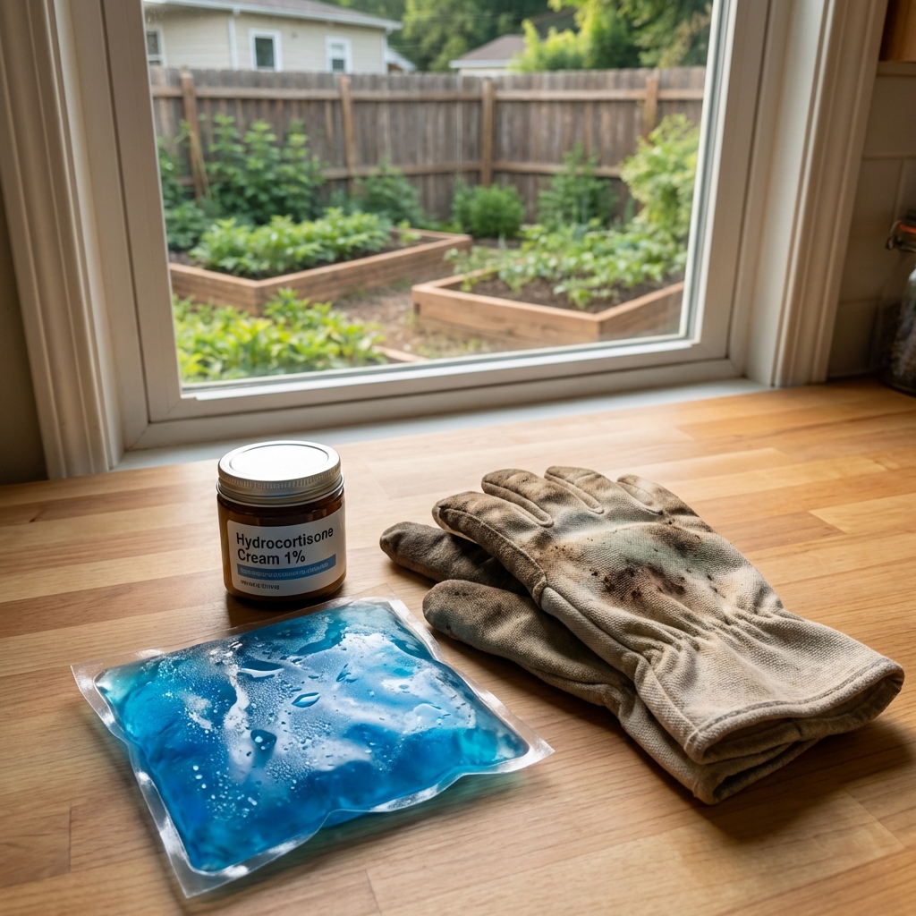 A real photo of a small jar of hydrocortisone cream and a cold pack on a kitchen counter next to gardening gloves