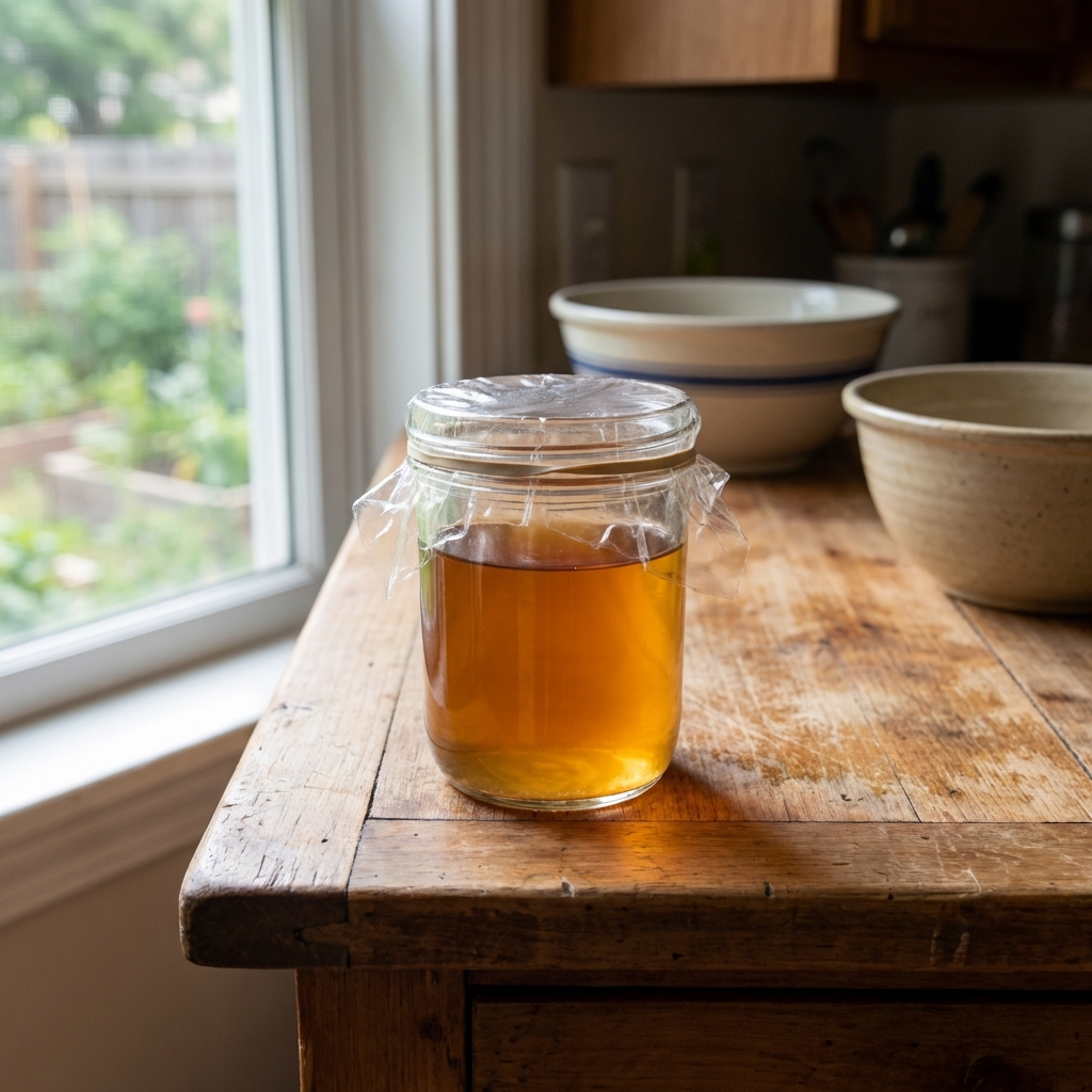 A real photo of a small jar with apple cider vinegar and plastic wrap on a kitchen counter