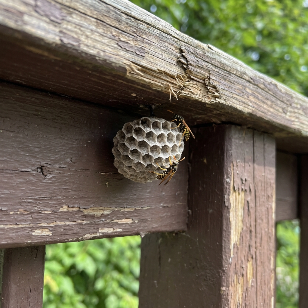 A real photo of a small papery wasp nest attached under the edge of a wooden porch railing
