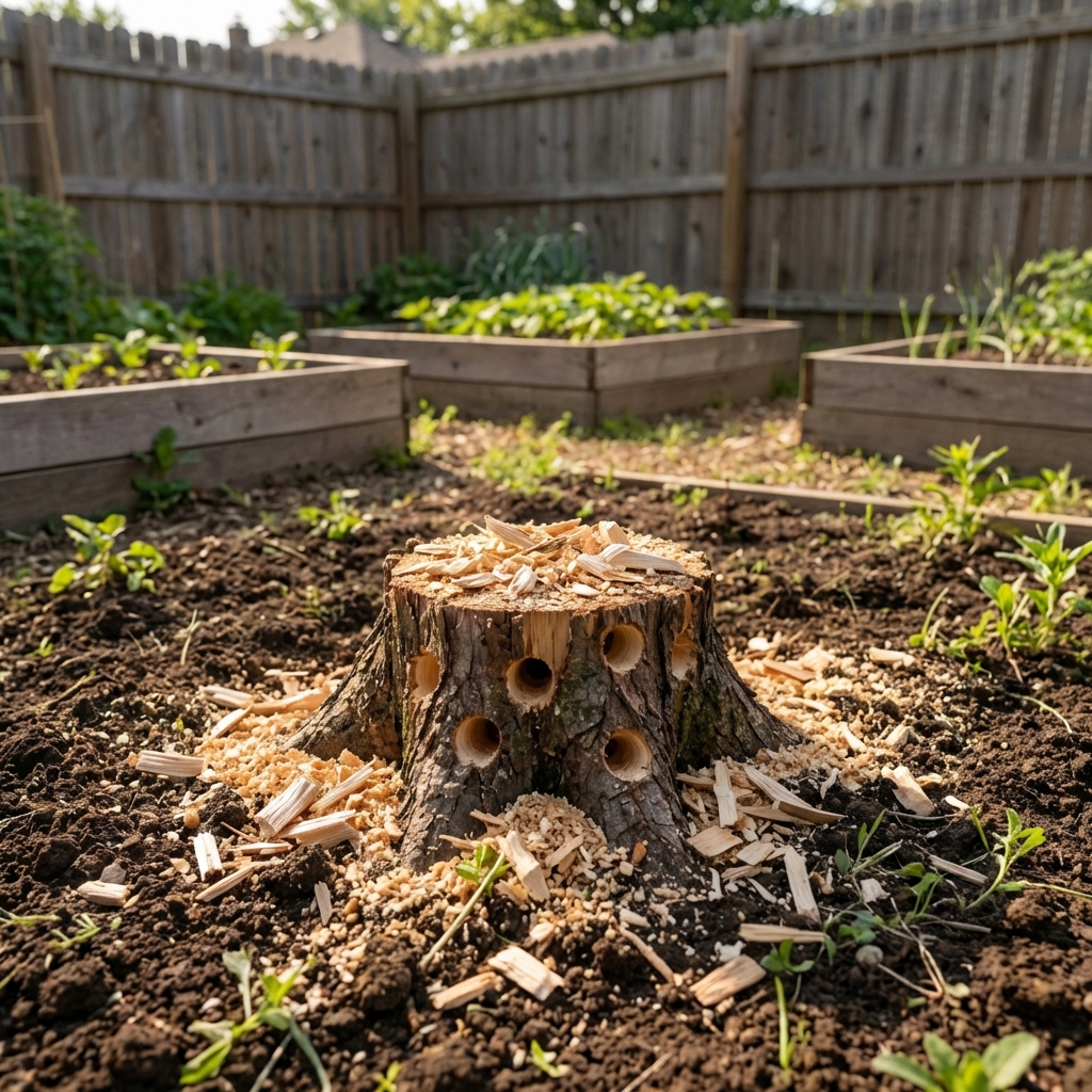 A real photo of a small stump drilled with several holes and covered with fresh wood chips in a garden bed