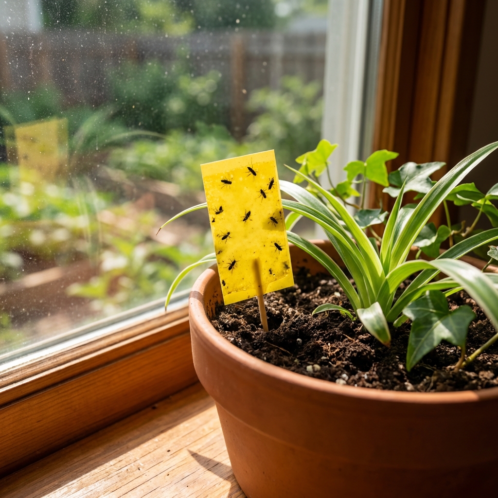 A real photo of a small yellow sticky trap inserted into the soil of an indoor potted plant on a windowsill