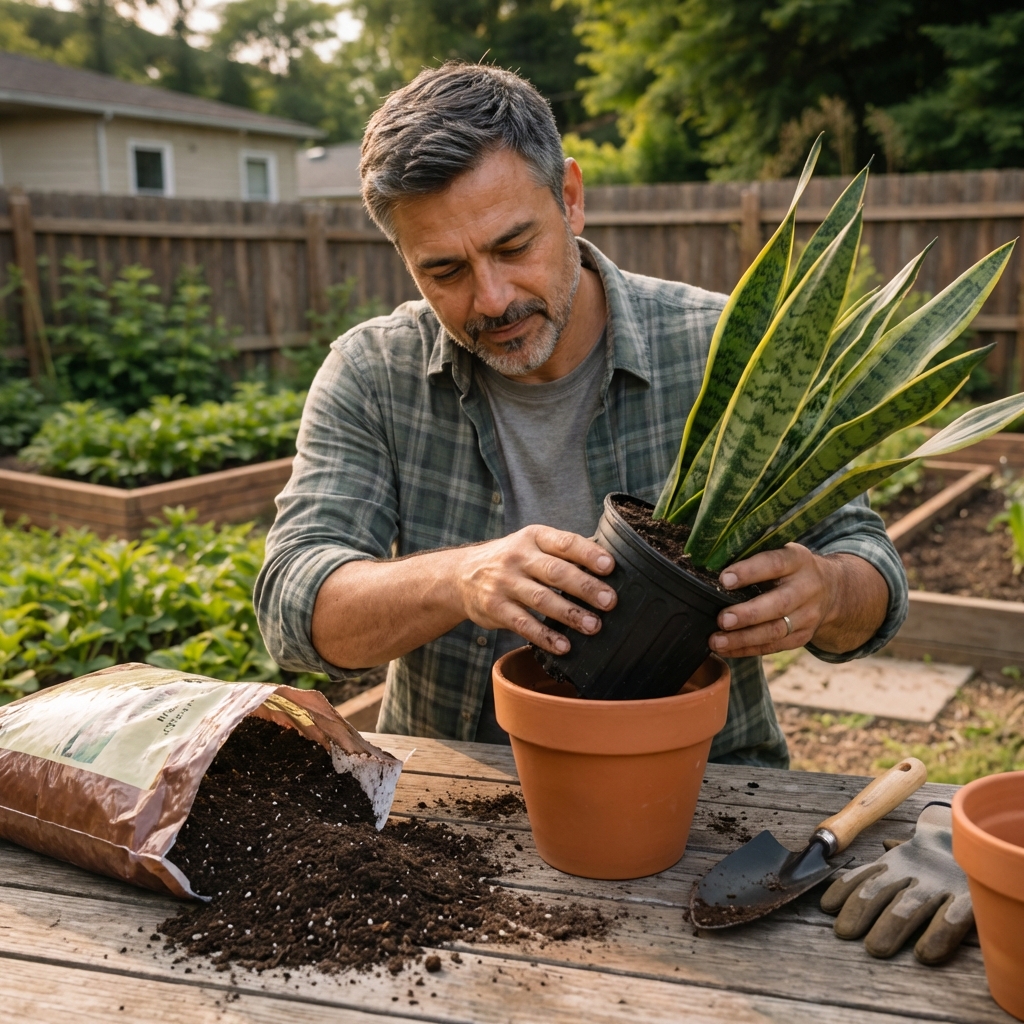 A real photo of a snake plant being repotted on a table with potting mix and a new pot