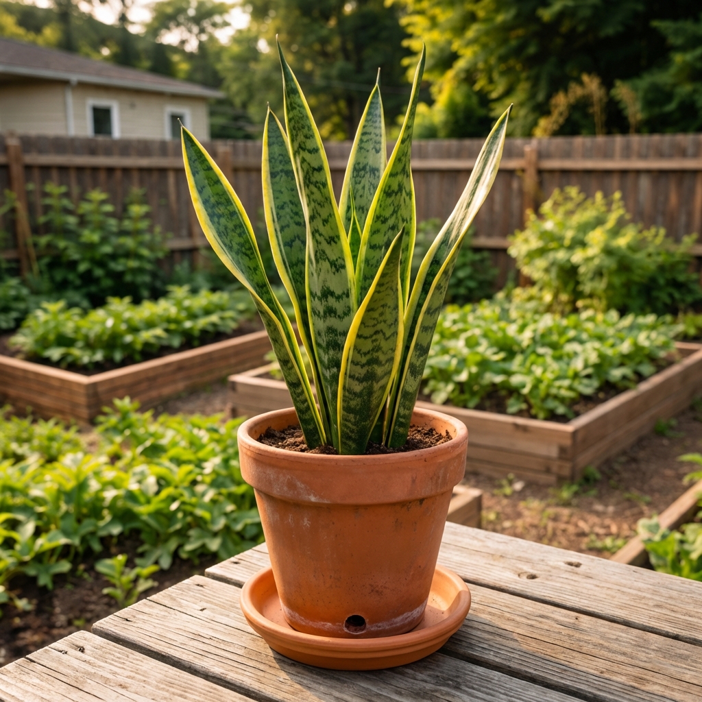 A real photo of a snake plant in a terracotta pot with visible drainage hole and a saucer