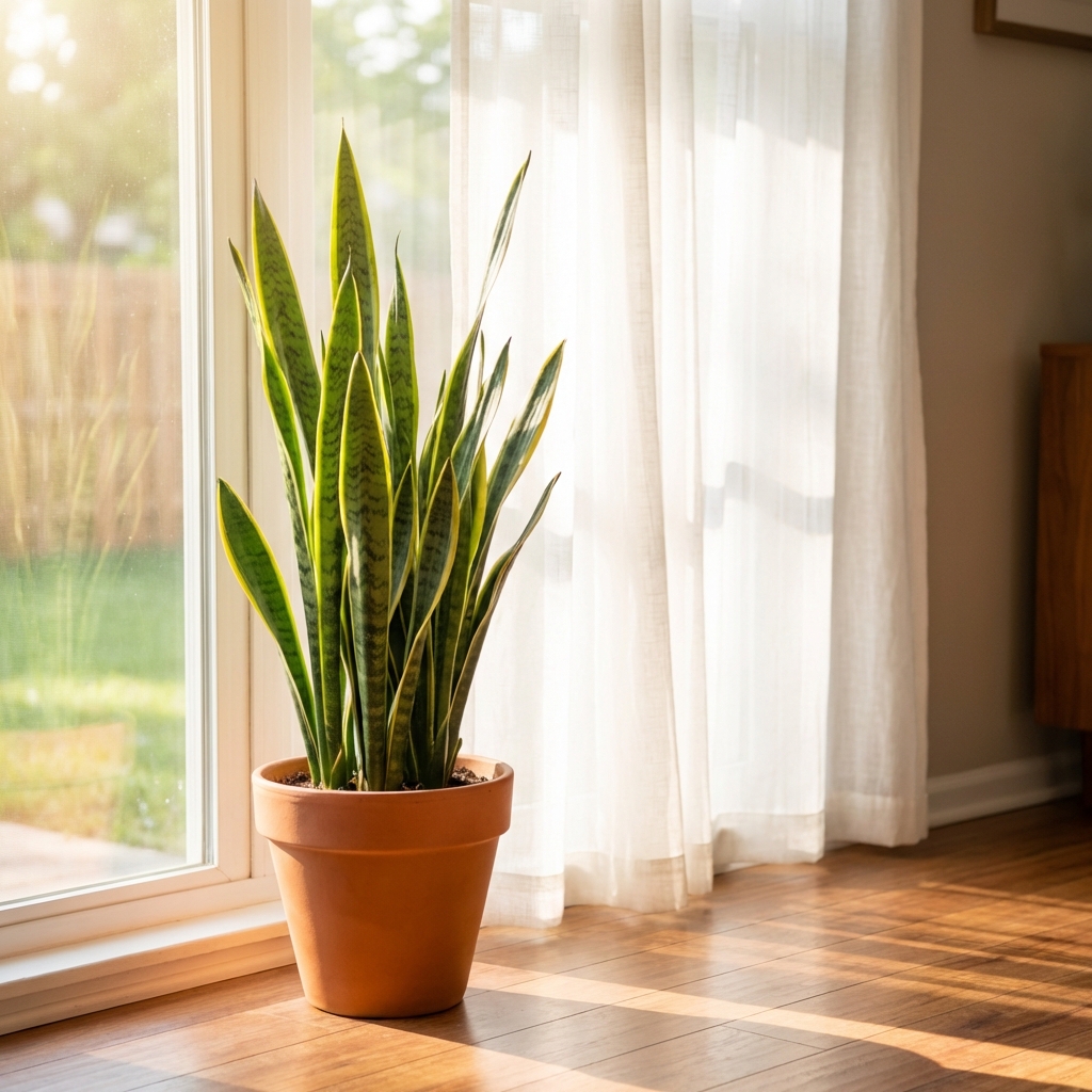 A real photo of a snake plant placed a few feet away from a sunny window with a sheer curtain