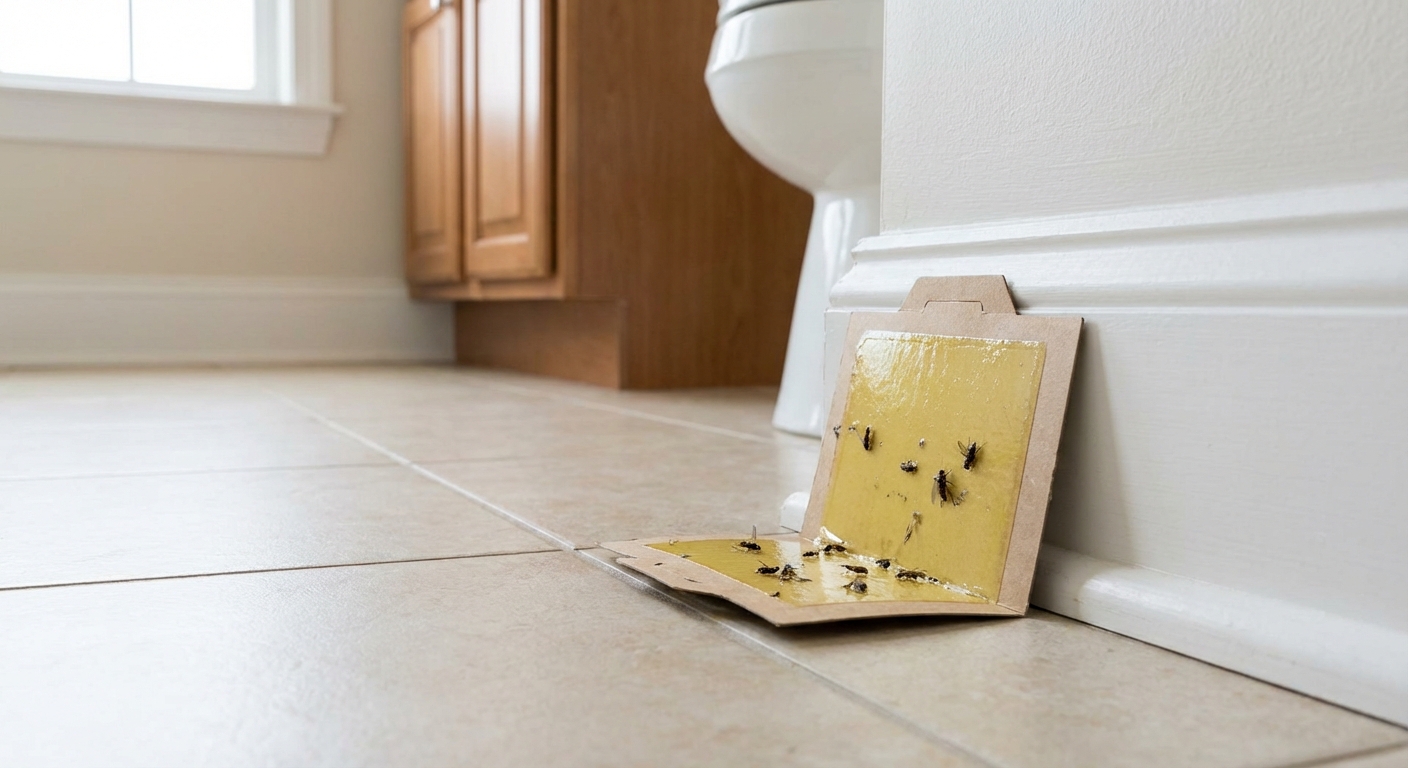 A real photo of a sticky insect trap placed along a baseboard in a bathroom